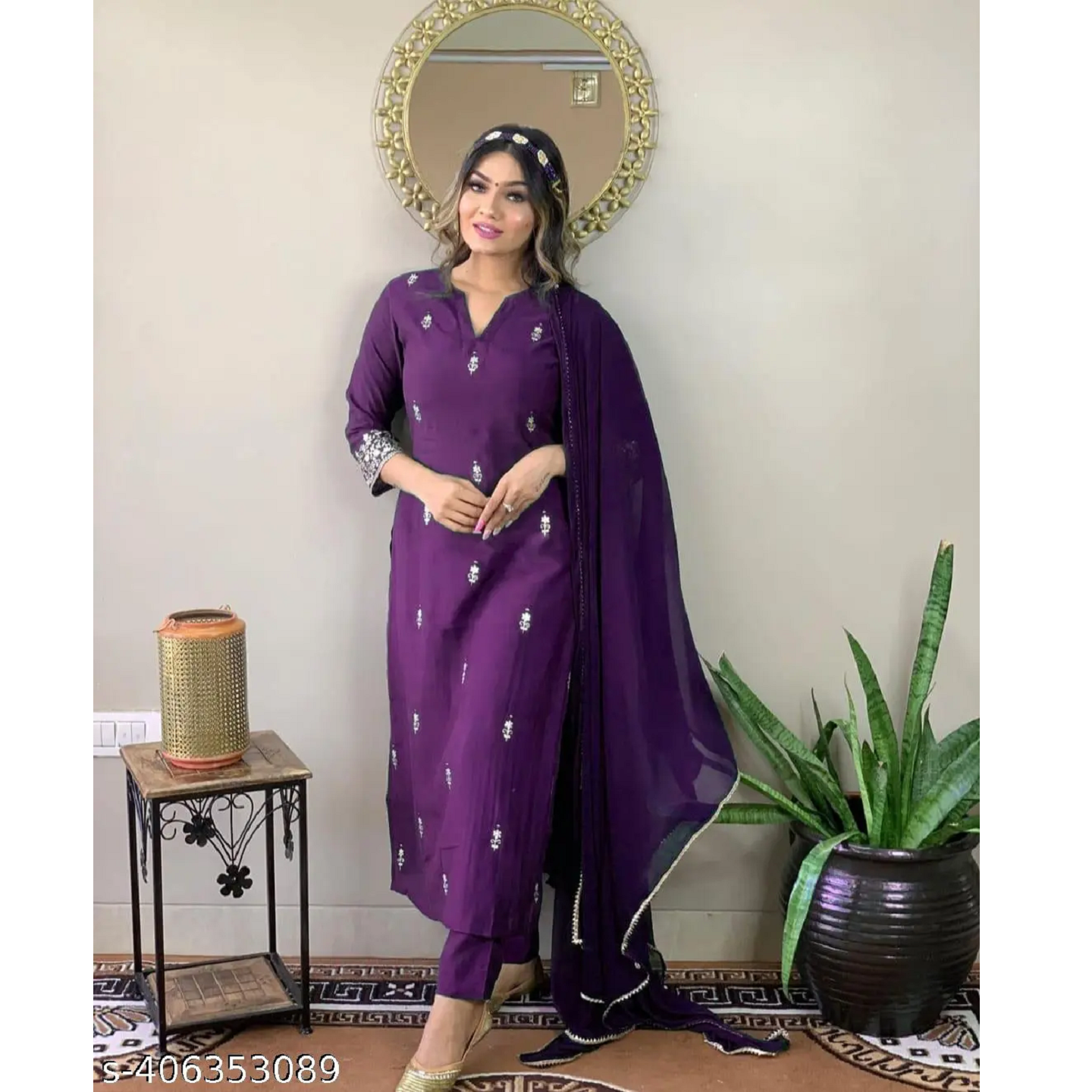 Purple Embroidered Cotton Blend Straight Kurta Set Women